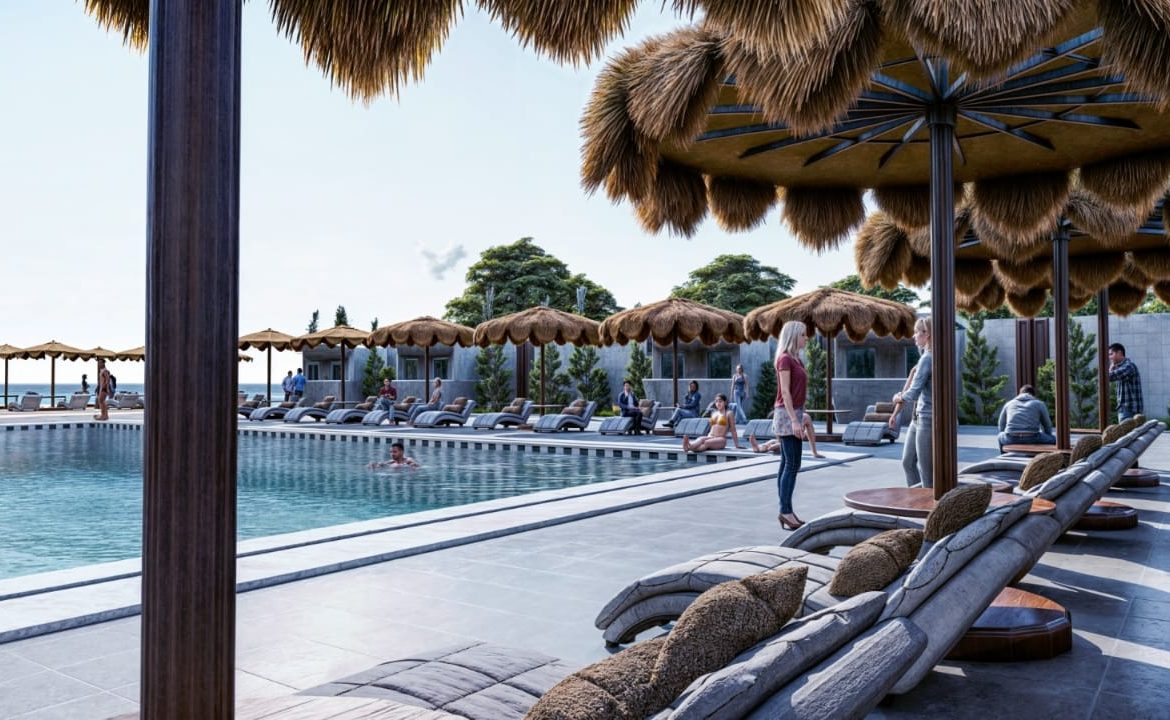 Shaded terrace beside the Premier Beach resort pool